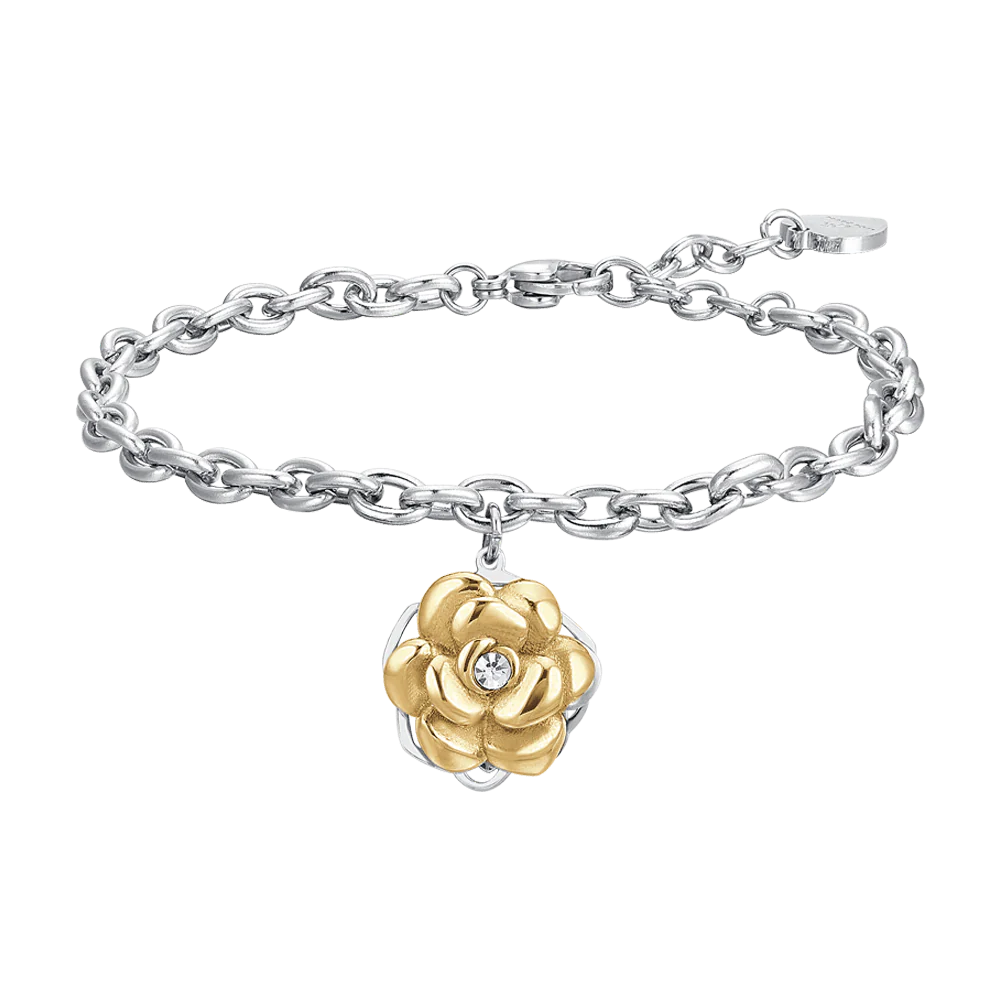 PULSERA DE ACERO CHAPADA EN ORO ROSA PARA MUJER ROSA GIRATORIA