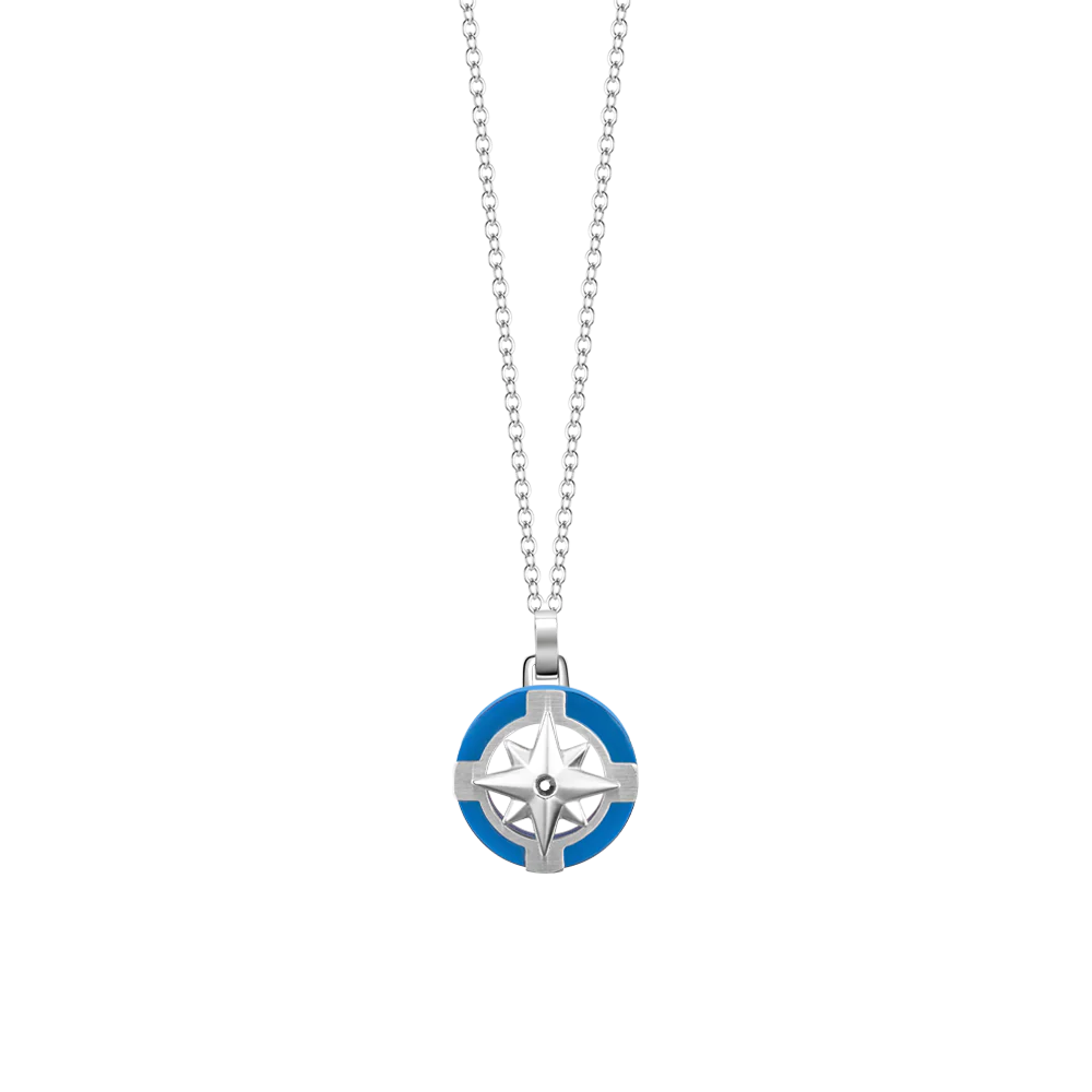 CADENA DE ACERO PARA HOMBRE CON ROSA DE LOS VIENTOS Y DETALLES AZULES
