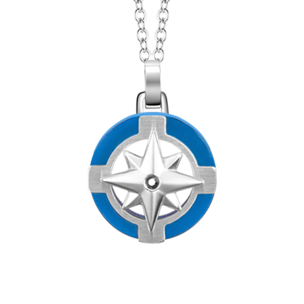 CADENA DE ACERO PARA HOMBRE CON ROSA DE LOS VIENTOS Y DETALLES AZULES - Imagen 4