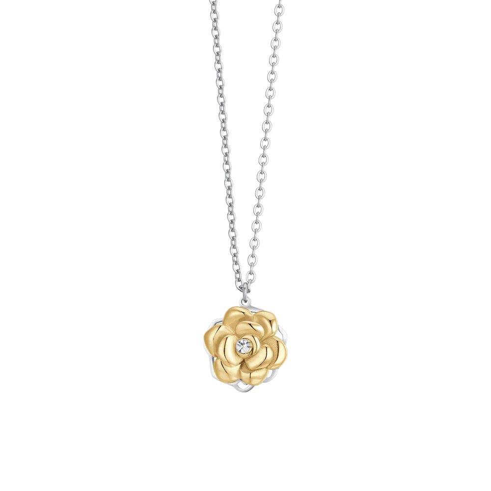 CADENA DE ACERO PARA MUJER CON ROSA GIRATÓRIA CON BAÑO ORO IP