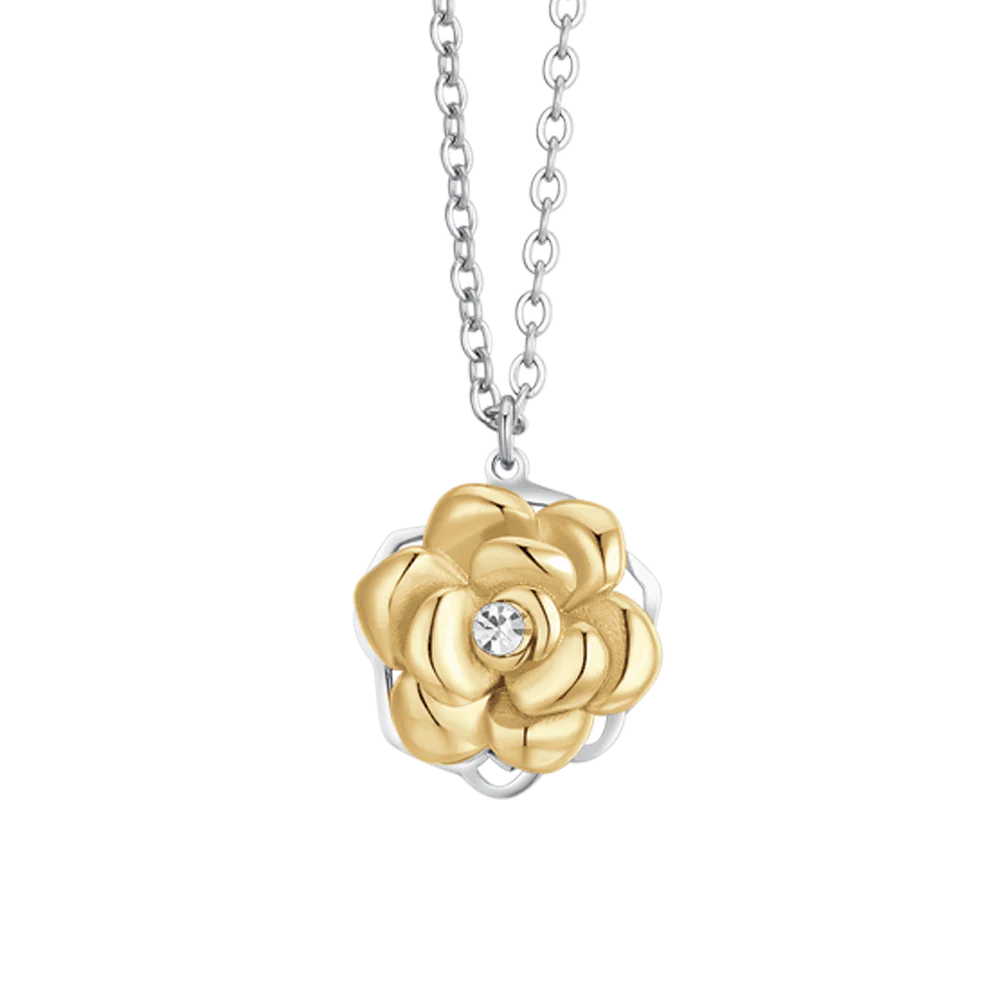 CADENA DE ACERO PARA MUJER CON ROSA GIRATÓRIA CON BAÑO ORO IP - Imagen 4