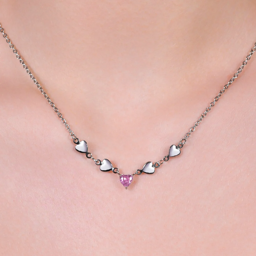 CADENA DE ACERO PARA MUJER CON CORAZONES Y CRISTAL ROSA - Imagen 2