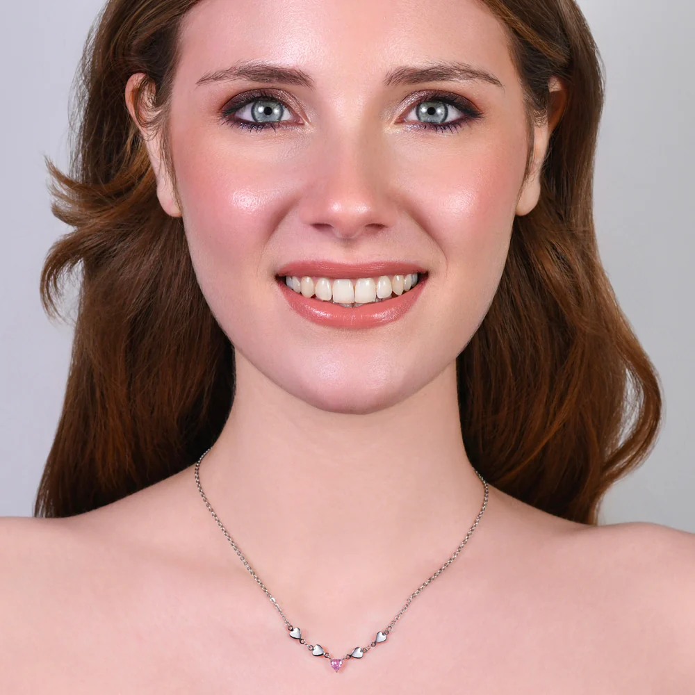 CADENA DE ACERO PARA MUJER CON CORAZONES Y CRISTAL ROSA - Imagen 3