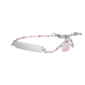 PULSERA DE ACERO CON PLACA DE CUPCAKE ESMALTADA EN ROSA Y FUCSIA Y PIEDRAS DE COLORES