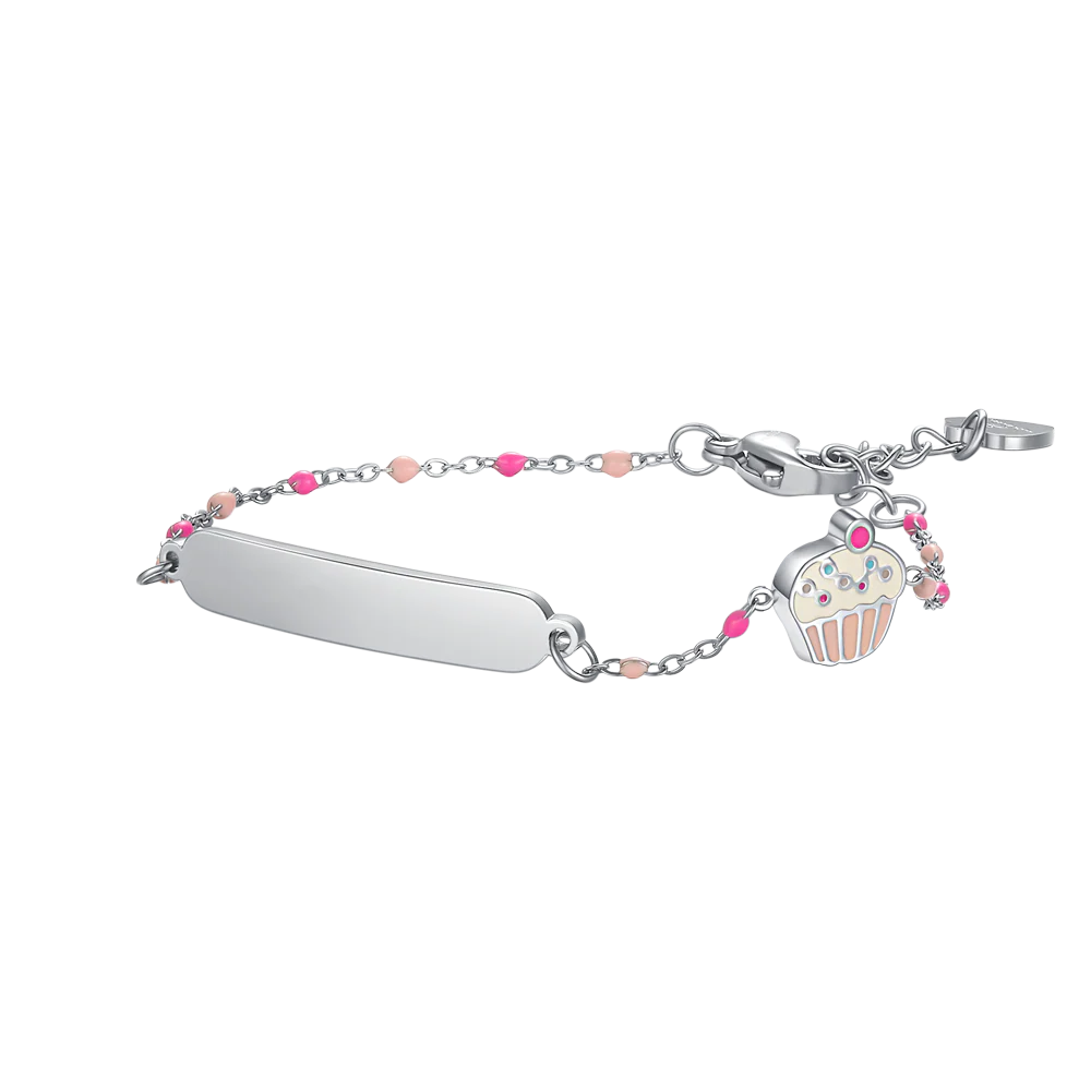 PULSERA DE ACERO CON PLACA DE CUPCAKE ESMALTADA EN ROSA Y FUCSIA Y PIEDRAS DE COLORES
