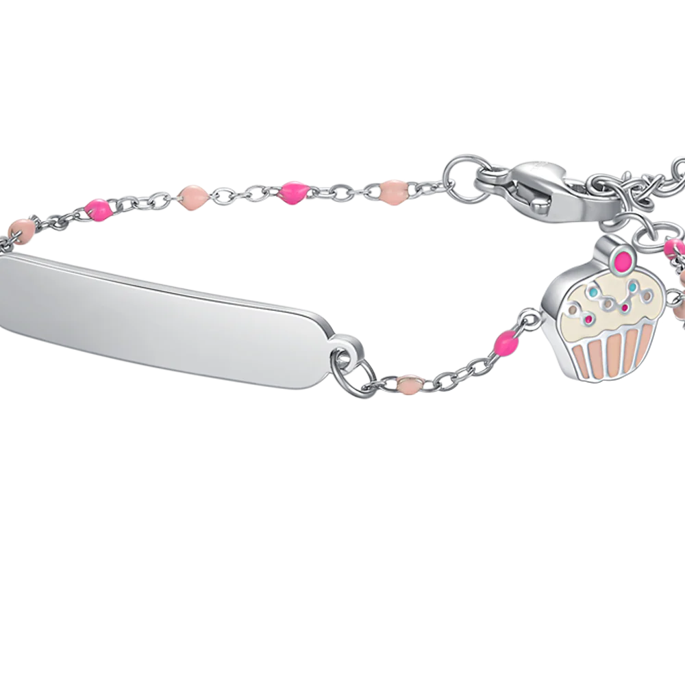 PULSERA DE ACERO CON PLACA DE CUPCAKE ESMALTADA EN ROSA Y FUCSIA Y PIEDRAS DE COLORES - Imagen 2