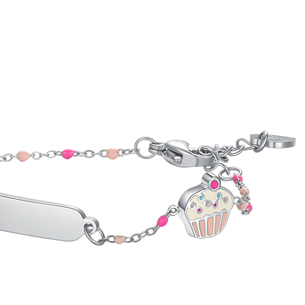 PULSERA DE ACERO CON PLACA DE CUPCAKE ESMALTADA EN ROSA Y FUCSIA Y PIEDRAS DE COLORES - Imagen 3