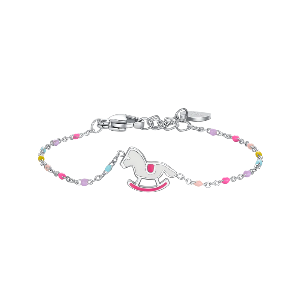 PULSERA DE ACERO CON PLACA, CABALLITO MECEDOR CON ESMALTE ROSA Y FUCSIA Y PIEDRAS DE COLORES
