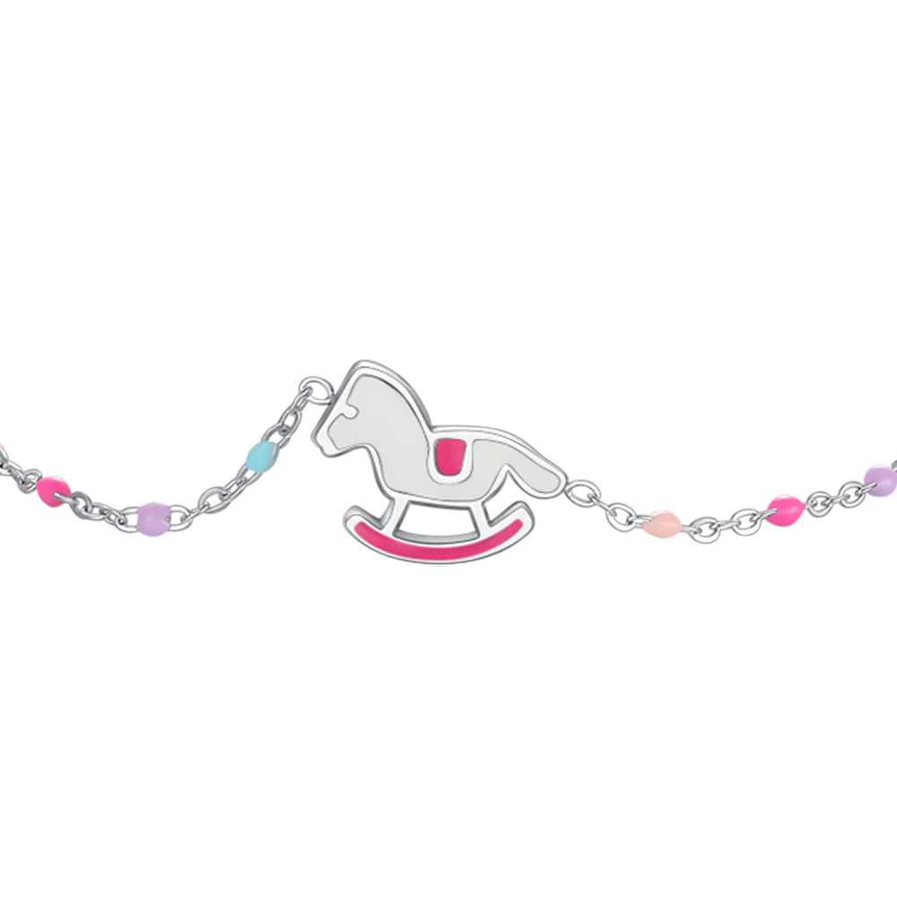 PULSERA DE ACERO CON PLACA, CABALLITO MECEDOR CON ESMALTE ROSA Y FUCSIA Y PIEDRAS DE COLORES - Imagen 2
