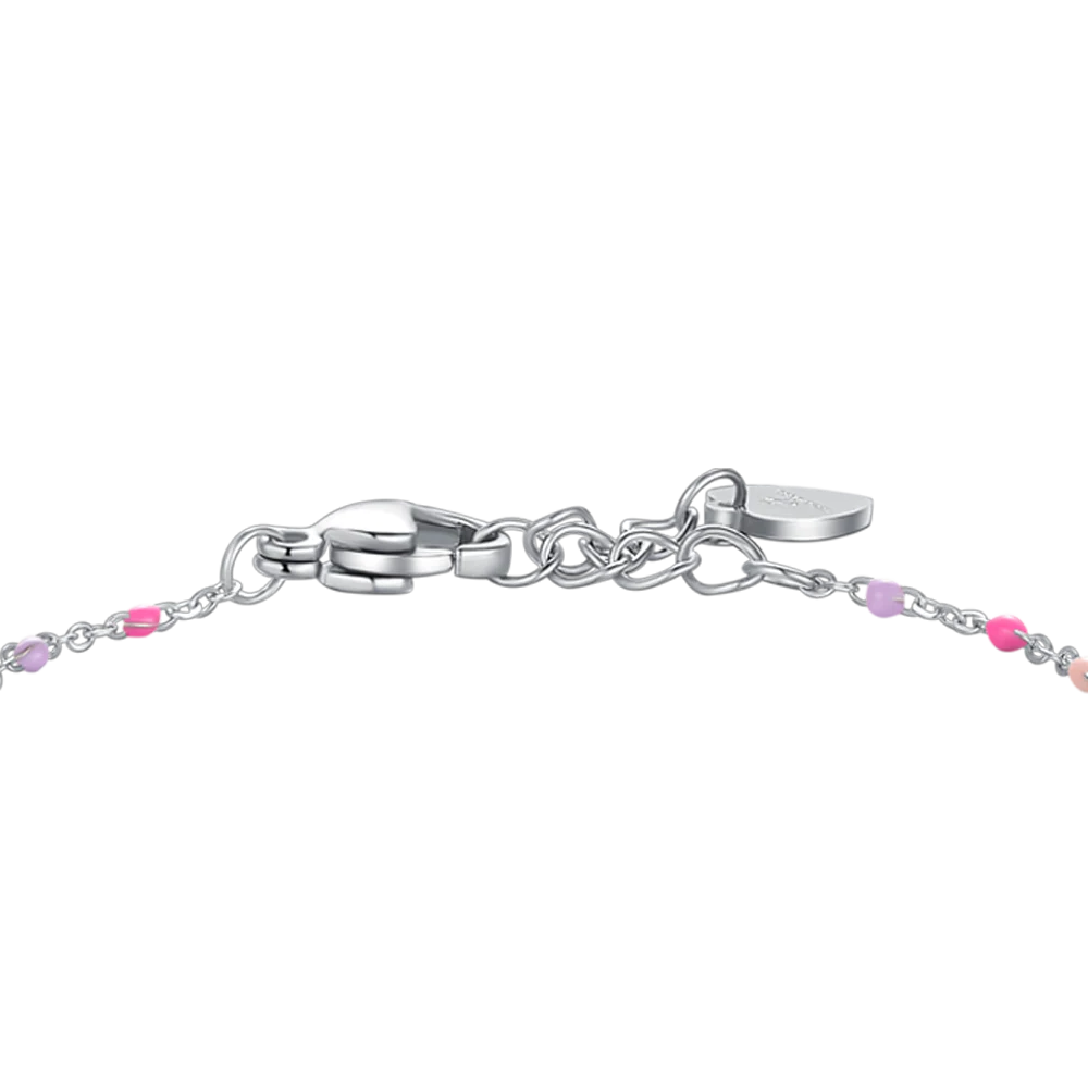 PULSERA DE ACERO CON PLACA, CABALLITO MECEDOR CON ESMALTE ROSA Y FUCSIA Y PIEDRAS DE COLORES - Imagen 3