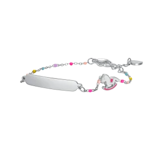 PULSERA DE ACERO CON PLACA, CABALLITO MECEDOR CON ESMALTE ROSA Y FUCSIA Y PIEDRAS DE COLORES