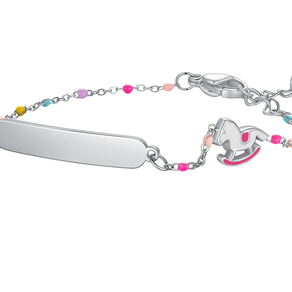 PULSERA DE ACERO CON PLACA, CABALLITO MECEDOR CON ESMALTE ROSA Y FUCSIA Y PIEDRAS DE COLORES - Imagen 2