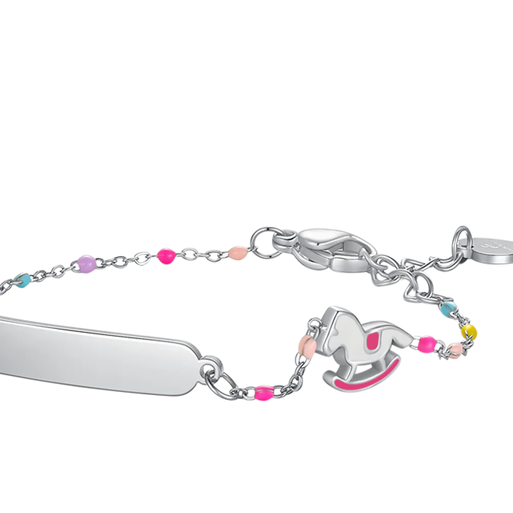PULSERA DE ACERO CON PLACA, CABALLITO MECEDOR CON ESMALTE ROSA Y FUCSIA Y PIEDRAS DE COLORES - Imagen 3