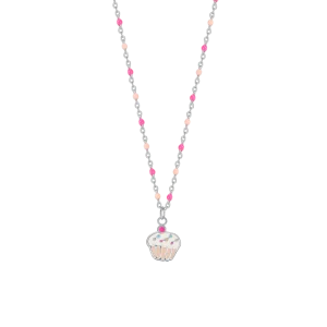 CADENA DE ACERO CON CUPCAKE ESMALTADA EN ROSA Y FUCSIA Y PIEDRAS DE COLORES