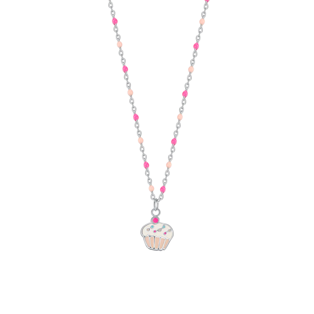 CADENA DE ACERO CON CUPCAKE ESMALTADA EN ROSA Y FUCSIA Y PIEDRAS DE COLORES
