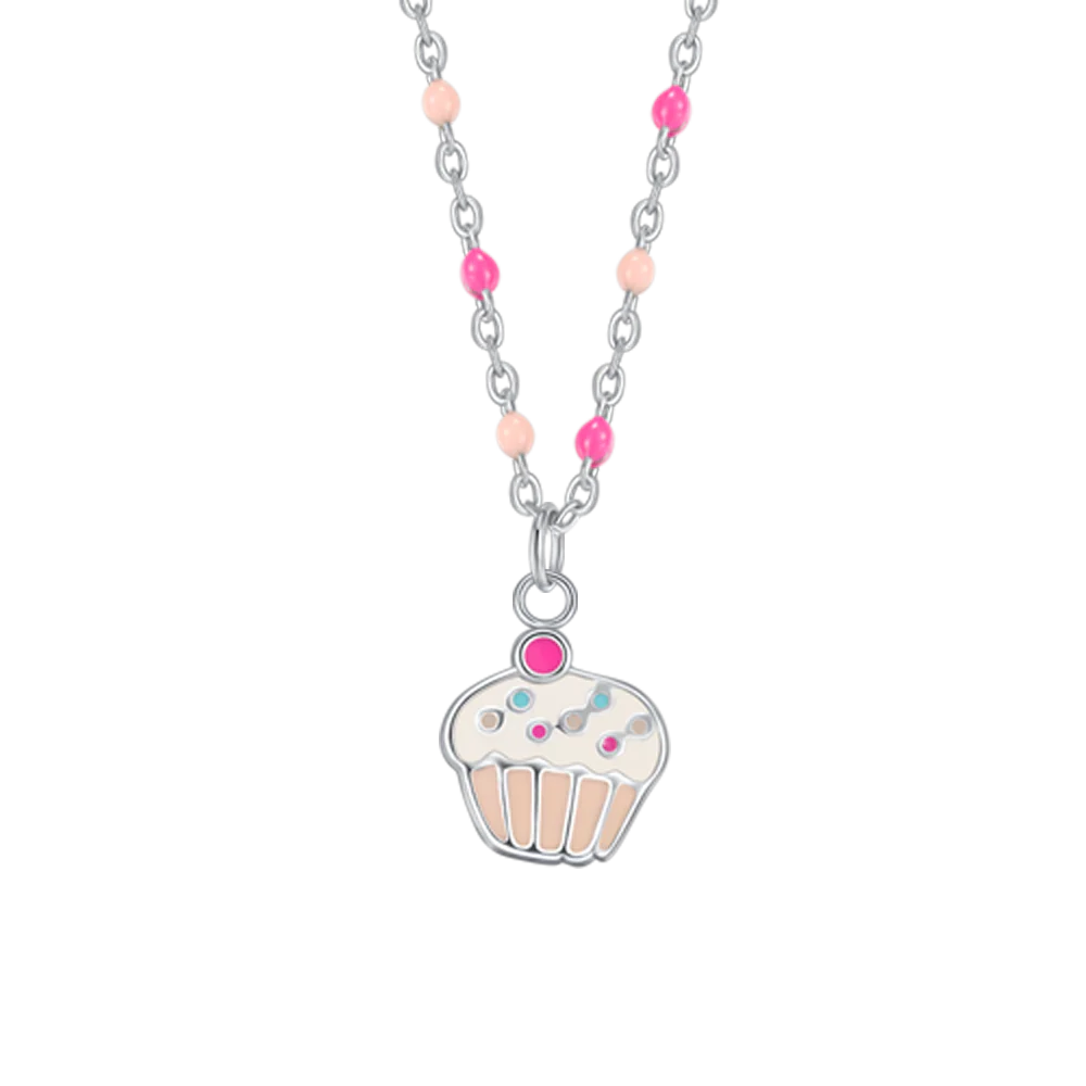 CADENA DE ACERO CON CUPCAKE ESMALTADA EN ROSA Y FUCSIA Y PIEDRAS DE COLORES - Imagen 2