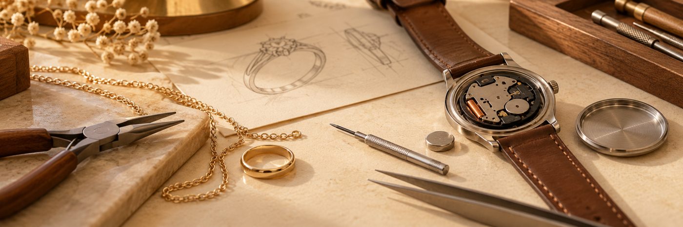 Composición ilustrativa con joyas, herramientas, un reloj abierto y una pila sobre una mesa de trabajo.