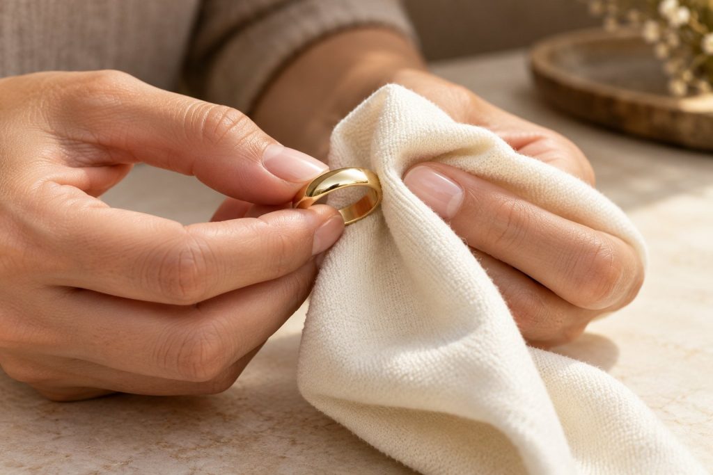 Limpieza delicada de un anillo con un paño suave.