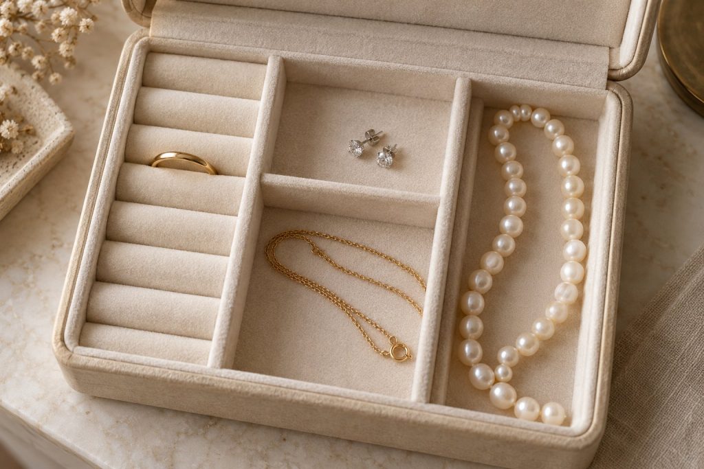 Joyas guardadas en compartimentos separados.