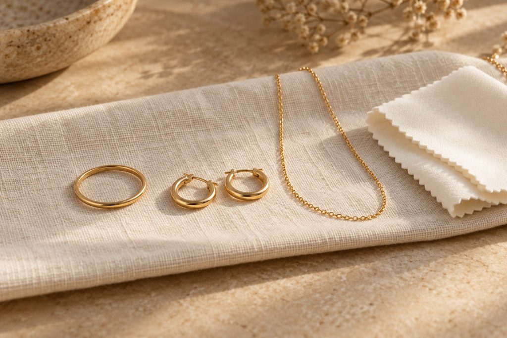 Joyas separadas junto a un paño suave.